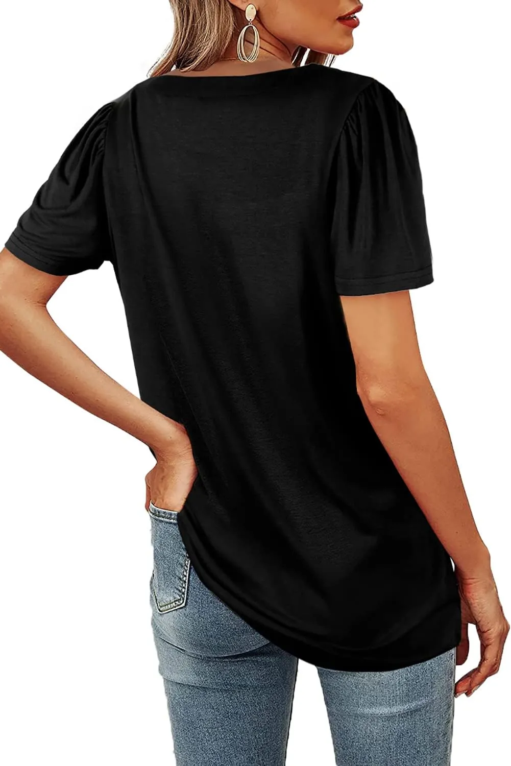 WIHOLL Womens Summer Tops Casual Square Neck Puff Short Sleeve T Shirts