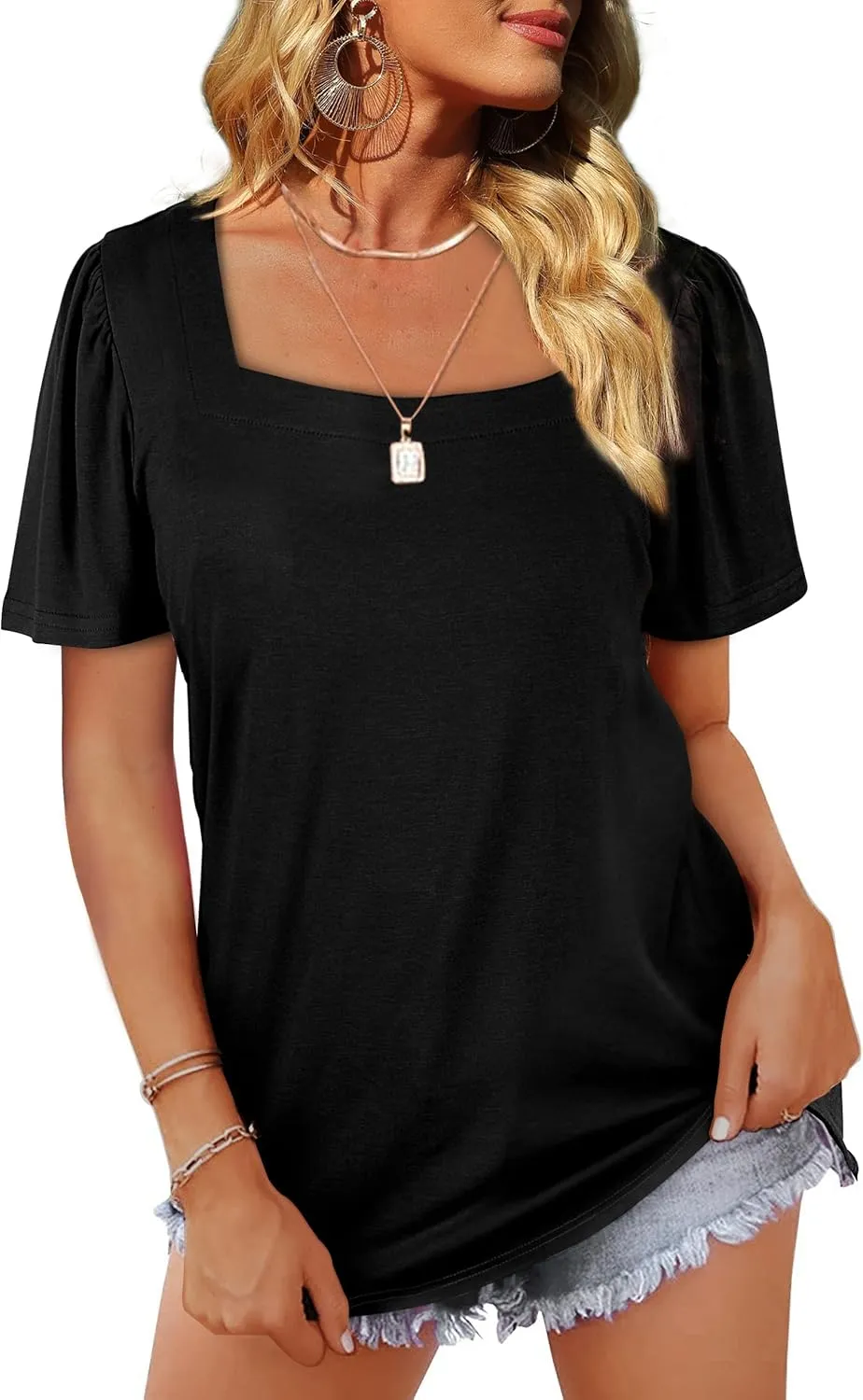 WIHOLL Womens Summer Tops Casual Square Neck Puff Short Sleeve T Shirts