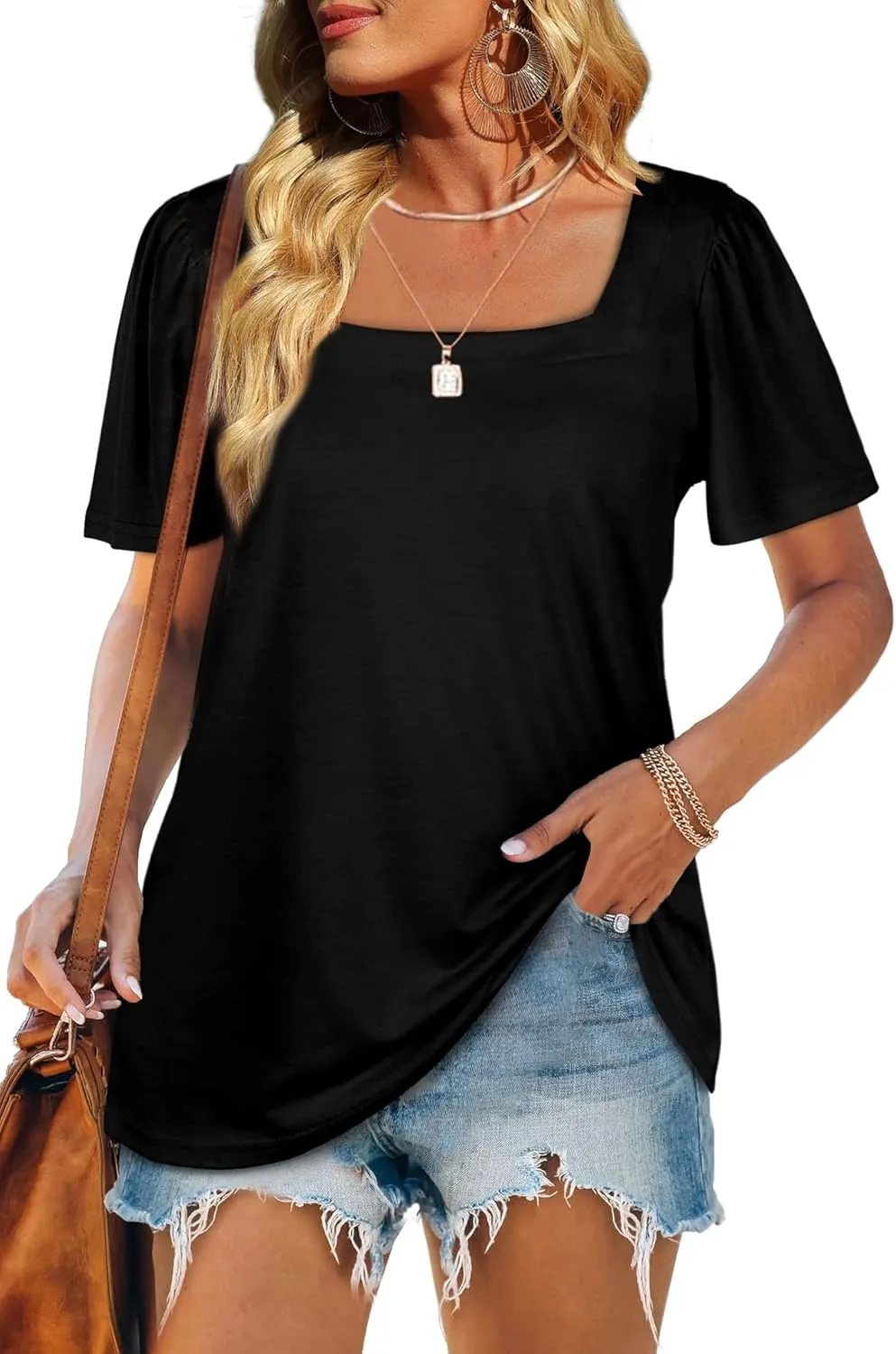 WIHOLL Womens Summer Tops Casual Square Neck Puff Short Sleeve T Shirts