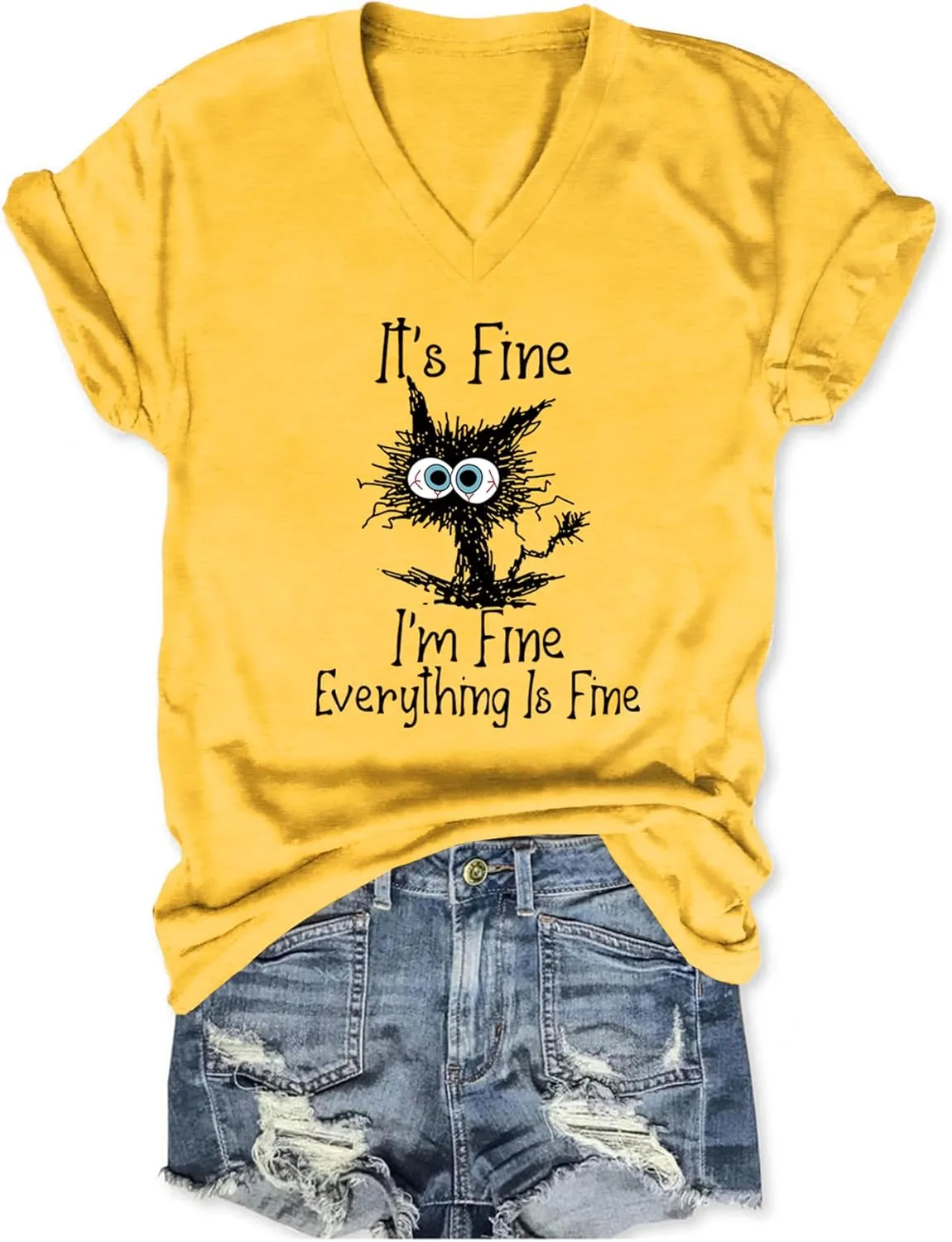 Women's I'm Fine Everything is Fine T Shirts Funny Sayings Casual V-Neck T Shirt Cute Cat Graphic Tee Sarcastic Shirts