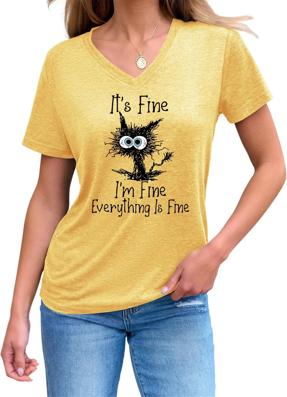 Women's I'm Fine Everything is Fine T Shirts Funny Sayings Casual V-Neck T Shirt Cute Cat Graphic Tee Sarcastic Shirts