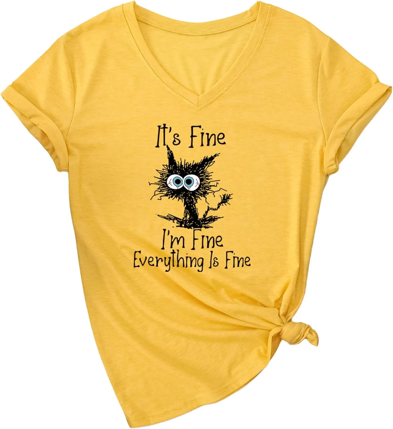 Women's I'm Fine Everything is Fine T Shirts Funny Sayings Casual V-Neck T Shirt Cute Cat Graphic Tee Sarcastic Shirts