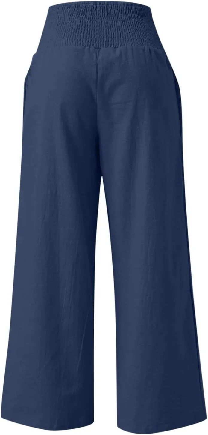 Womens Linen Pants 2025 Summer Casual Loose Wide Leg Palazzo Pants Smocked High Waist Flowy Beach Trousers Outfits