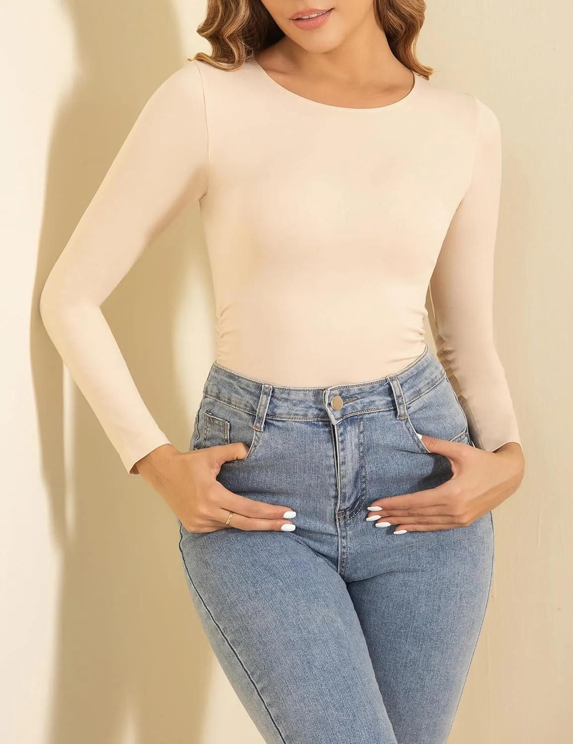 Women's Long Sleeve Shirts, Slim Fit Basic Tops, Soft Stretchy Spring Fashion Top Casual Tee for Going Out