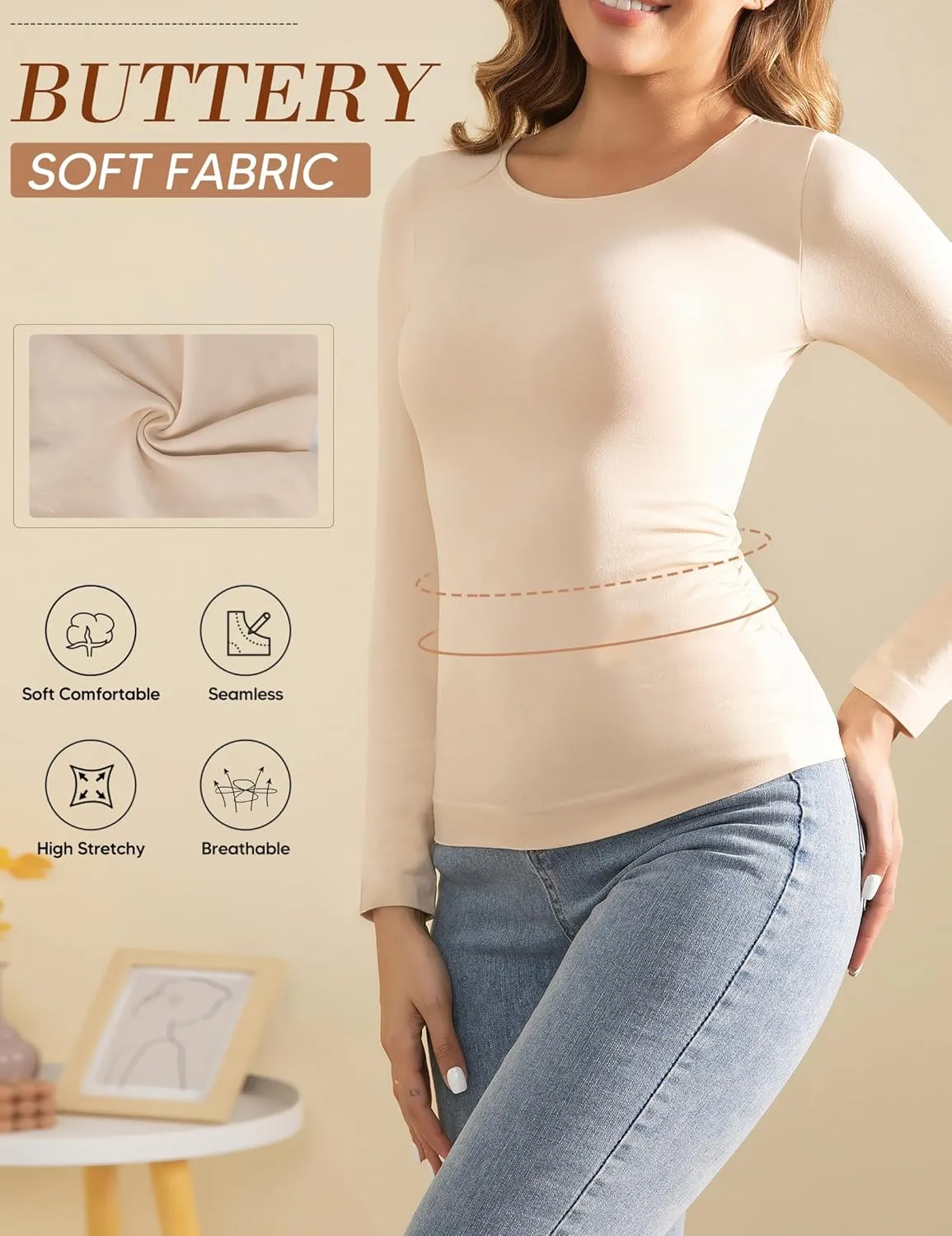 Women's Long Sleeve Shirts, Slim Fit Basic Tops, Soft Stretchy Spring Fashion Top Casual Tee for Going Out