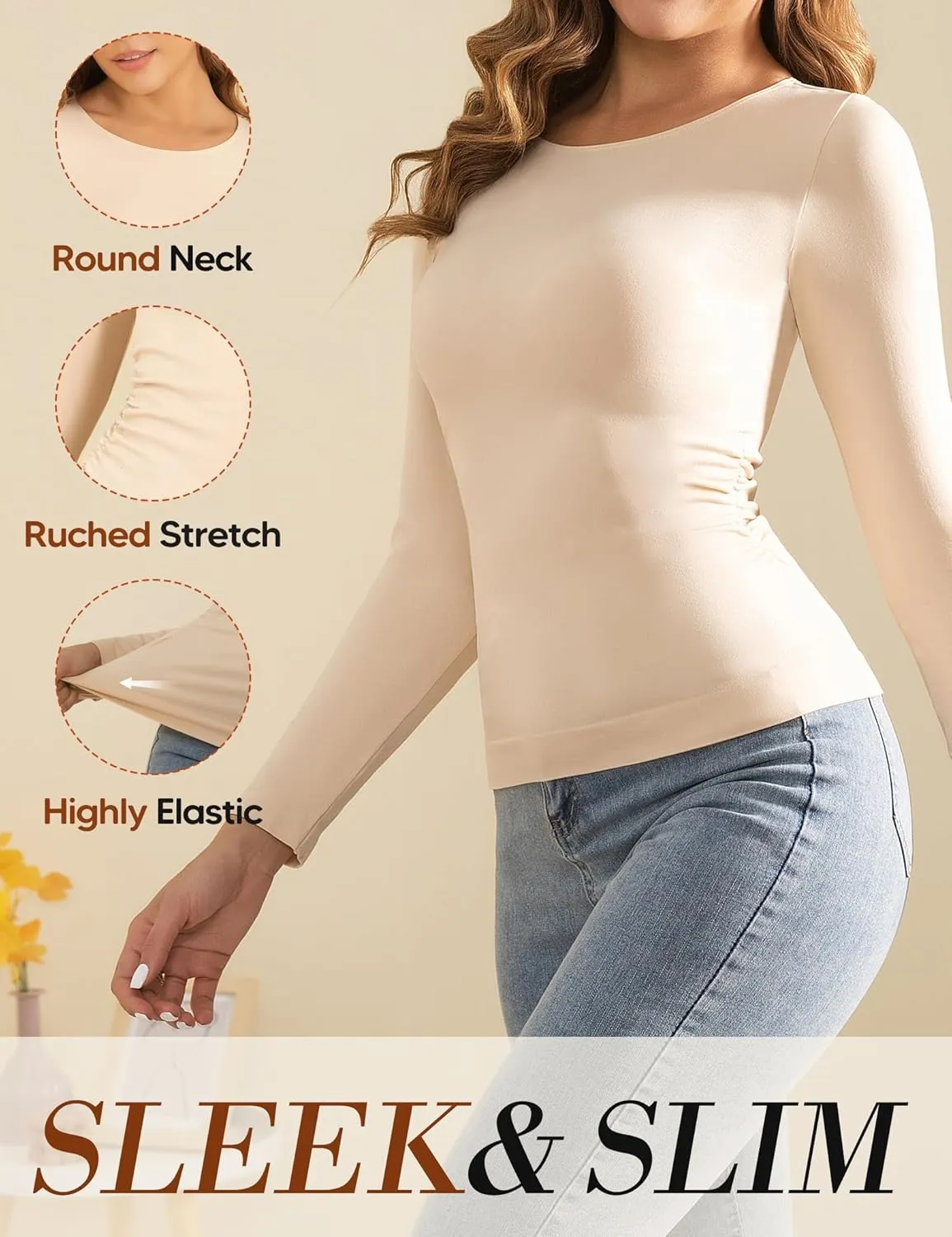 Women's Long Sleeve Shirts, Slim Fit Basic Tops, Soft Stretchy Spring Fashion Top Casual Tee for Going Out