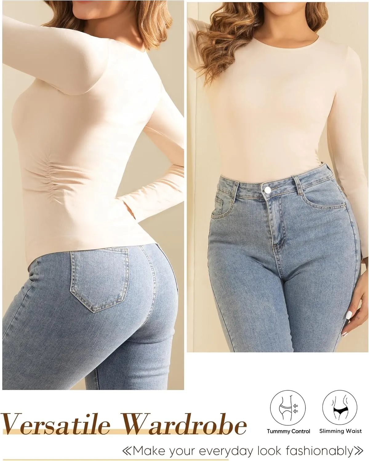 Women's Long Sleeve Shirts, Slim Fit Basic Tops, Soft Stretchy Spring Fashion Top Casual Tee for Going Out