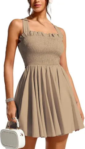Women's Summer Sexy Wide Strap Cross Back Mini Gong Out Smocked Dress