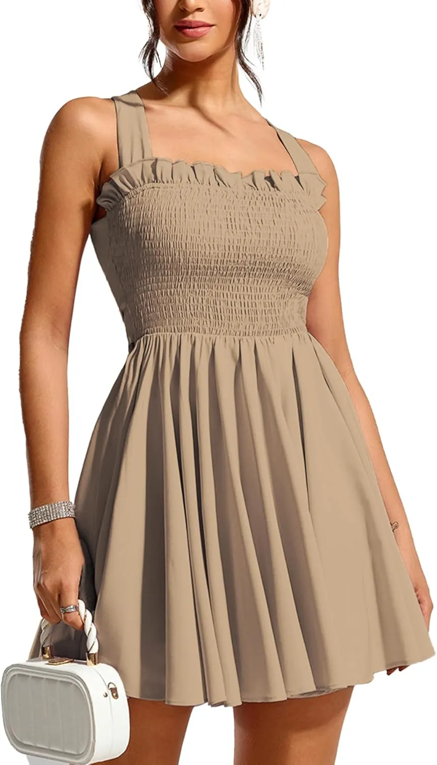 Women's Summer Sexy Wide Strap Cross Back Mini Gong Out Smocked Dress