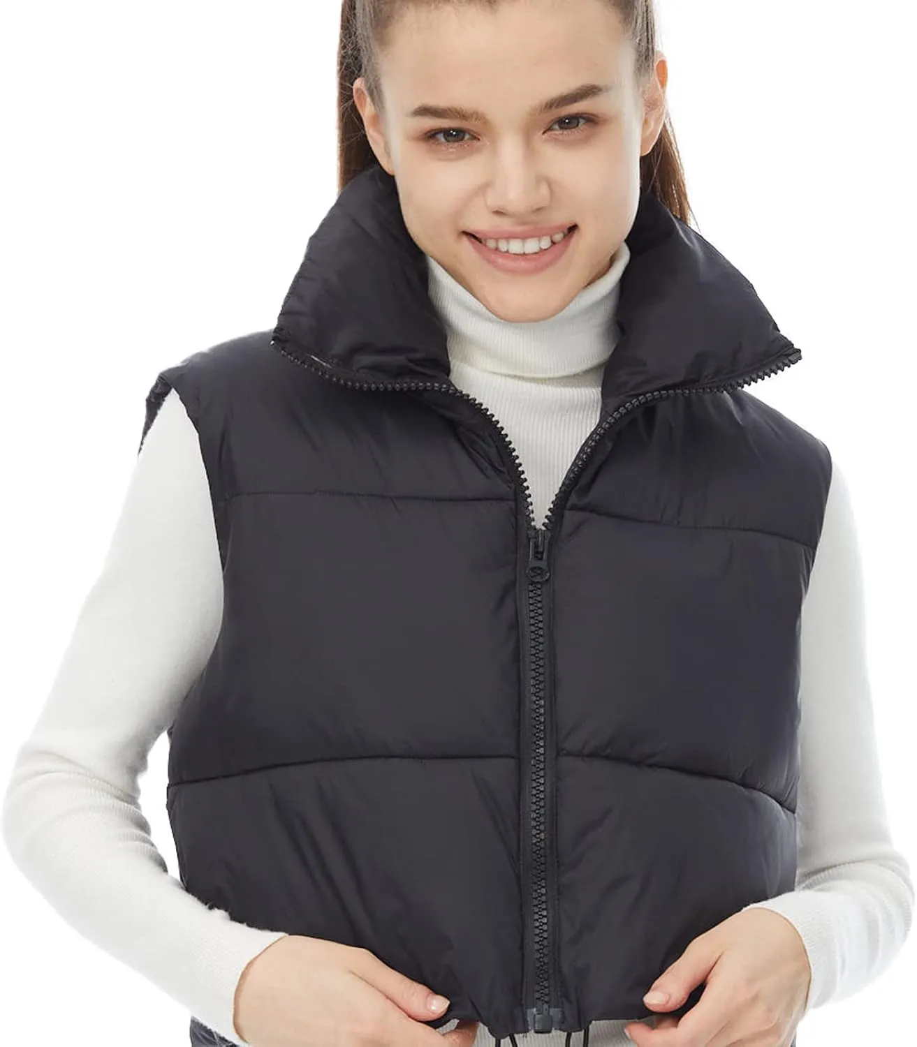 Women's Winter Outerwear Vests Crop Puffer Vest Lightweight Sleeveless Padded High Stand Collar Jacket