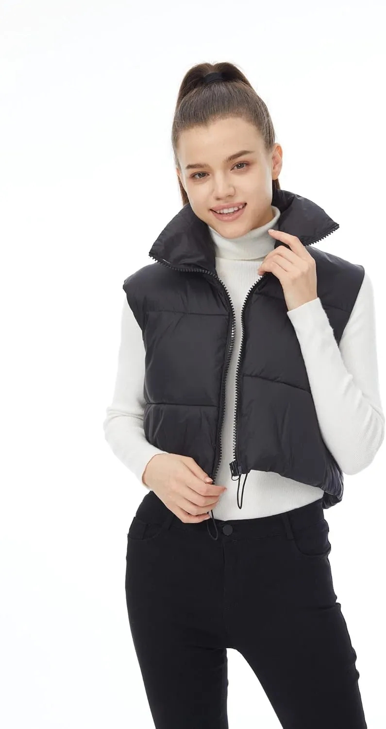 Women's Winter Outerwear Vests Crop Puffer Vest Lightweight Sleeveless Padded High Stand Collar Jacket