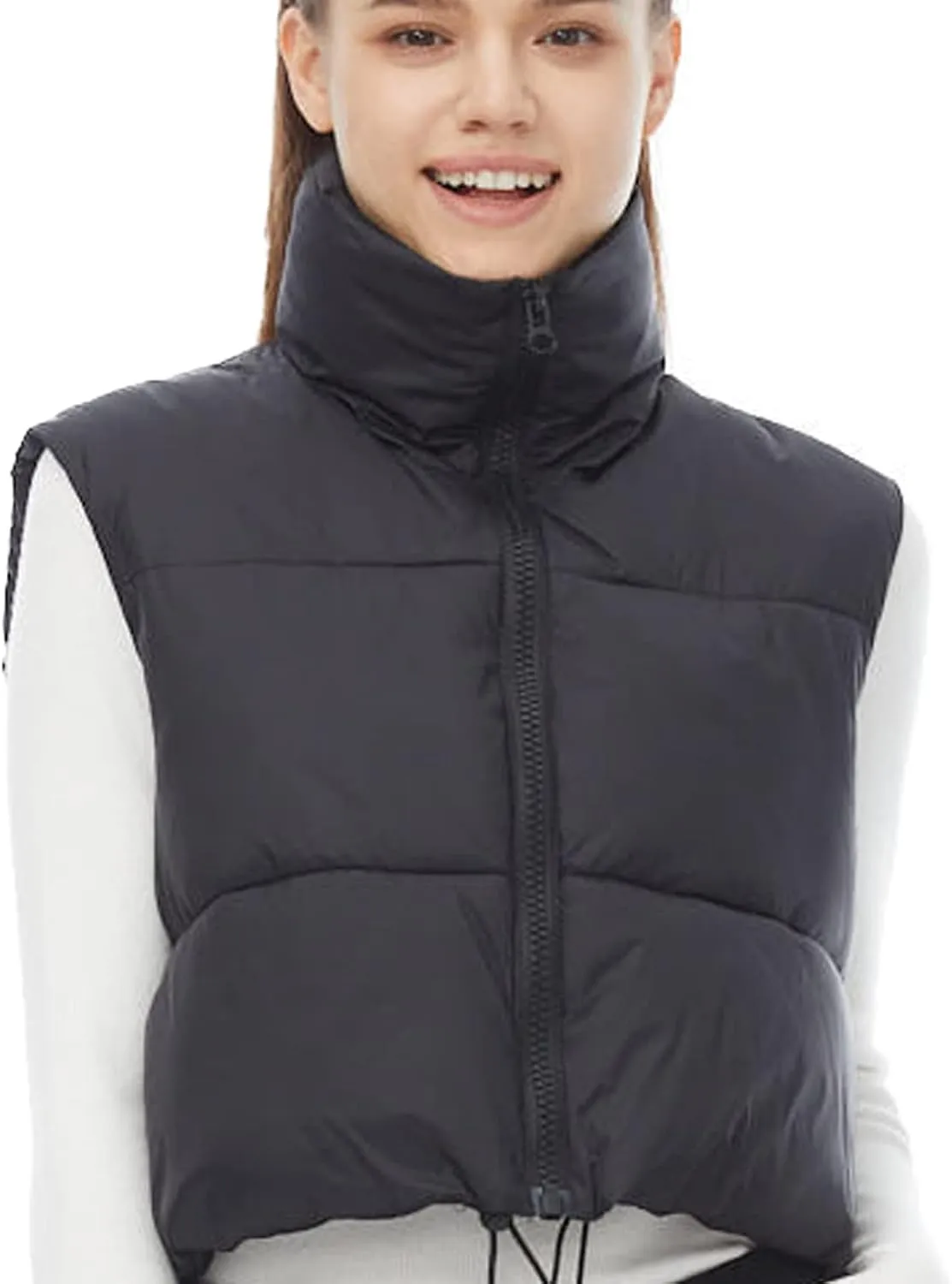 Women's Winter Outerwear Vests Crop Puffer Vest Lightweight Sleeveless Padded High Stand Collar Jacket