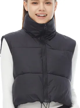 Women's Winter Outerwear Vests Crop Puffer Vest Lightweight Sleeveless Padded High Stand Collar Jacket