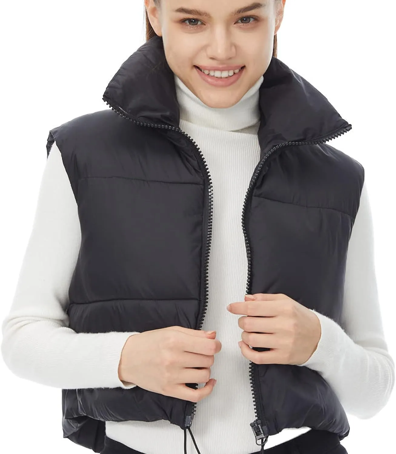 Women's Winter Outerwear Vests Crop Puffer Vest Lightweight Sleeveless Padded High Stand Collar Jacket