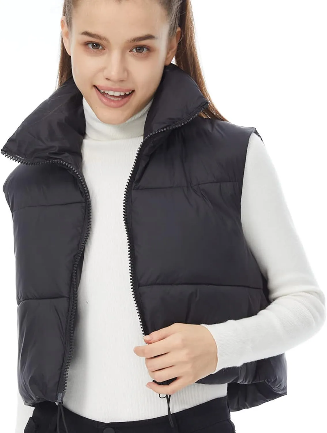 Women's Winter Outerwear Vests Crop Puffer Vest Lightweight Sleeveless Padded High Stand Collar Jacket
