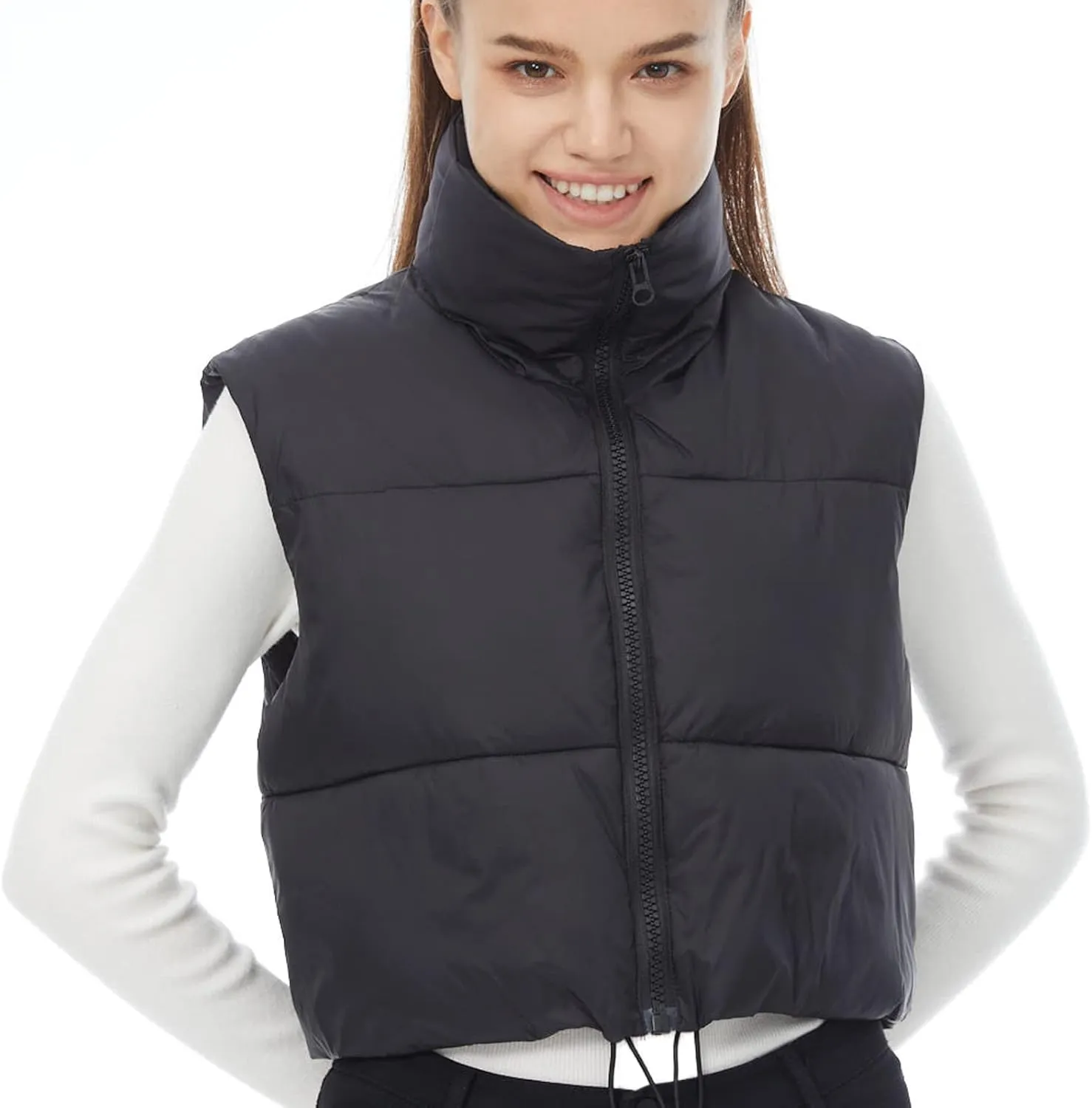 Women's Winter Outerwear Vests Crop Puffer Vest Lightweight Sleeveless Padded High Stand Collar Jacket
