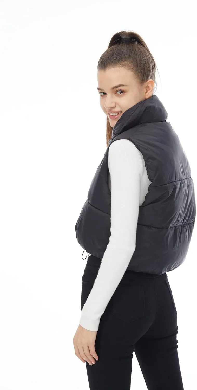 Women's Winter Outerwear Vests Crop Puffer Vest Lightweight Sleeveless Padded High Stand Collar Jacket