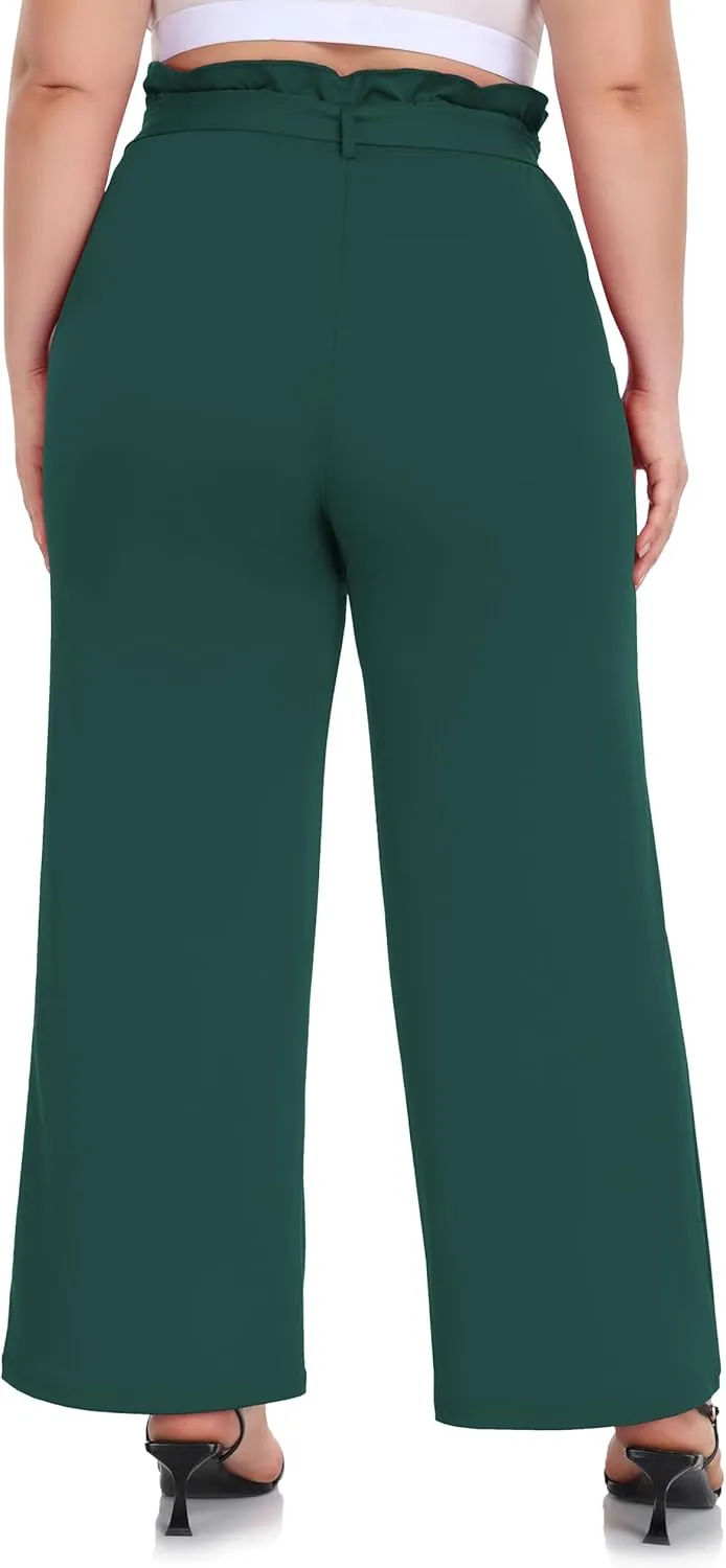 ZERDOCEAN Women's Plus Size Wide Leg Pants High Waisted Self-tie Belted Lounge Pants Trousers with Pockets