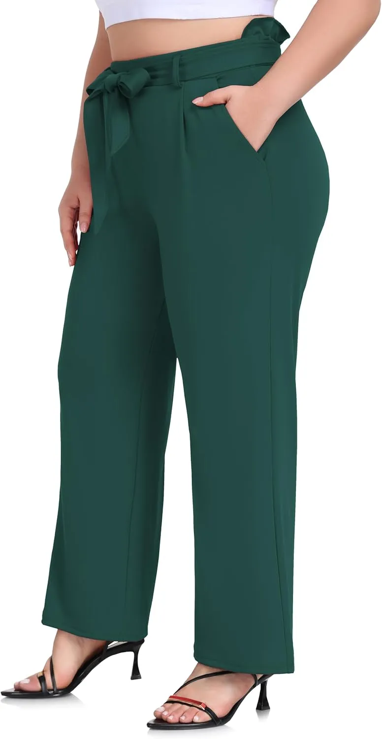 ZERDOCEAN Women's Plus Size Wide Leg Pants High Waisted Self-tie Belted Lounge Pants Trousers with Pockets