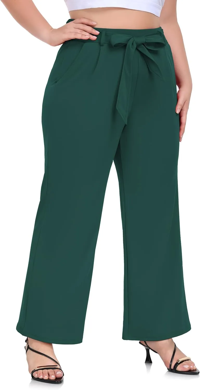 ZERDOCEAN Women's Plus Size Wide Leg Pants High Waisted Self-tie Belted Lounge Pants Trousers with Pockets