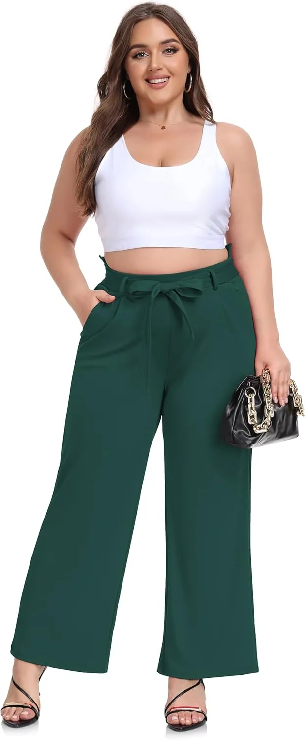 ZERDOCEAN Women's Plus Size Wide Leg Pants High Waisted Self-tie Belted Lounge Pants Trousers with Pockets
