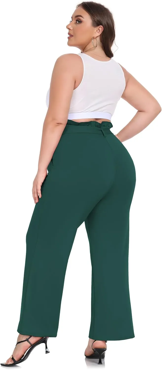 ZERDOCEAN Women's Plus Size Wide Leg Pants High Waisted Self-tie Belted Lounge Pants Trousers with Pockets